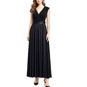 Cacique NWT Women's Black Draped V-Neck Cap Sleeve Belted Formal Long Dress 16W